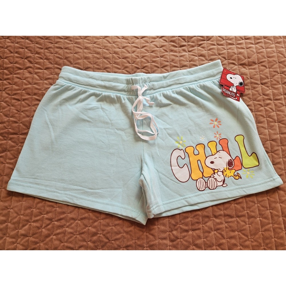 NWT Peanuts Women's Blue Fleece Snoopy "Chill" Shorts Elastic Waist, Size XL